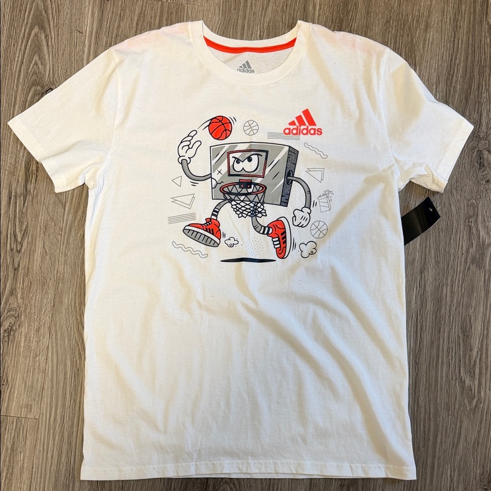 Adidas White Short-Sleeve Basketball Graphic Tee with Red Accents